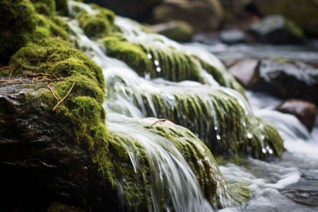 close-up of tiny waves lapping against moss-covered stones, created with generative aiの素材