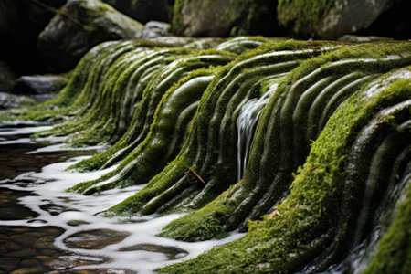 close-up of tiny waves lapping against moss-covered stones, created with generative aiの素材