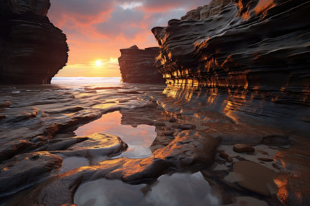 sunset reflection off the wet rocks hit by waves, created with generative aiの素材