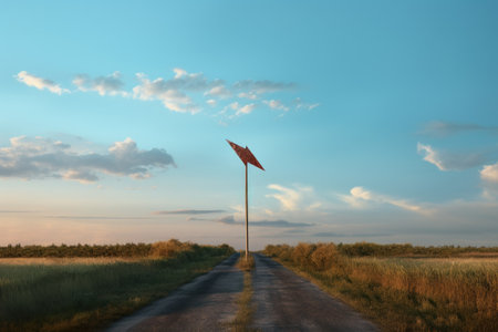 an arrow sign on a road, pointing upwards toward the horizon, created with generative aiの素材