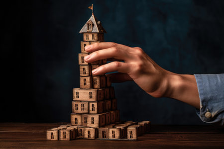a hand placing the final piece on a wooden block tower, created with generative aiの素材