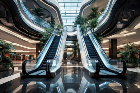 an escalator moving upwards in a modern mall, created with generative aiの素材