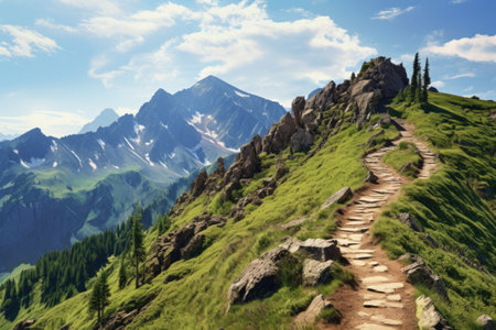 a hiking trail leading up to a summit with a panoramic view, created with generative aiの素材