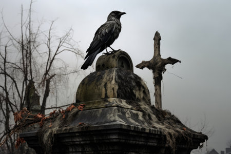 a weathered gravestone with a single crow perched on top, created with generative aiの素材