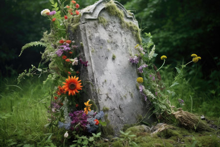 a broken gravestone overgrown with wildflowers, created with generative aiの素材