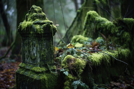 a close-up shot of an overgrown, moss-covered gravestone, created with generative aiの素材