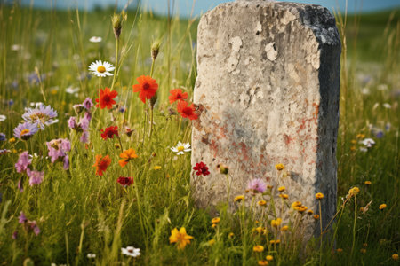 a single, weathered gravestone in a field of wildflowers, created with generative aiの素材