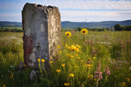a single, weathered gravestone in a field of wildflowers, created with generative aiの素材