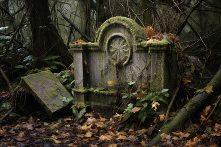 a broken, weathered gravestone in a forgotten corner of a cemetery, created with generative aiの素材