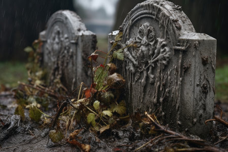 close-up of a gravestone eroded by rain and wind, created with generative aiの素材