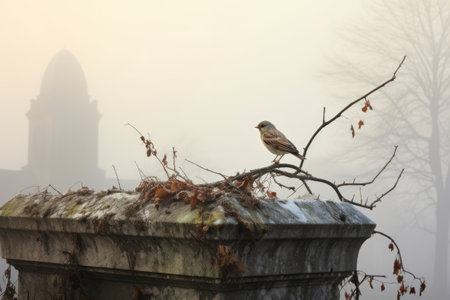 a bird perched atop a weathered gravestone in the morning fog, created with generative aiの素材