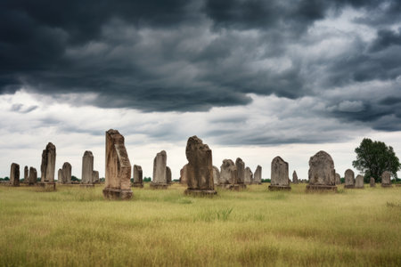 a row of aged gravestones under a cloudy sky, created with generative aiの素材