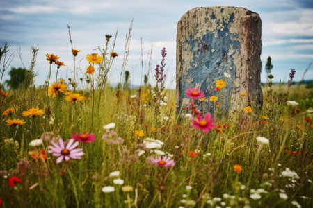 a single, weathered gravestone in a field of wildflowers, created with generative aiの素材