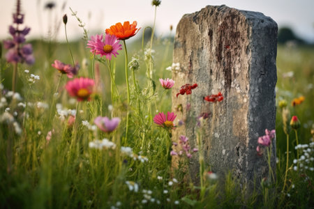 a single, weathered gravestone in a field of wildflowers, created with generative aiの素材