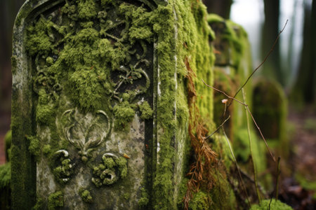 close-up of moss-covered gravestone with faded inscription, created with generative aiの素材
