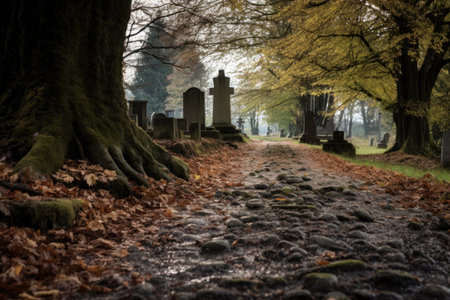 a gravel path leading to an old, weathered gravestone, created with generative aiの素材