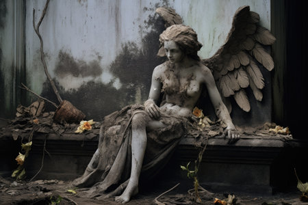 a weathered gravestone with a broken angel statue beside it, created with generative aiの素材