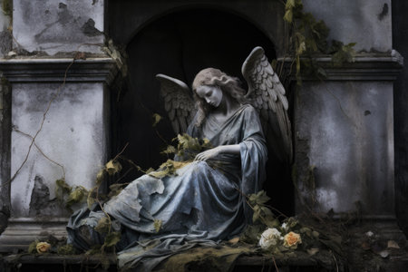 a weathered gravestone with a broken angel statue beside it, created with generative aiの素材