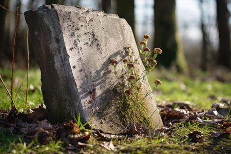 old gravestone leaning to one side with visible cracks, created with generative aiの素材