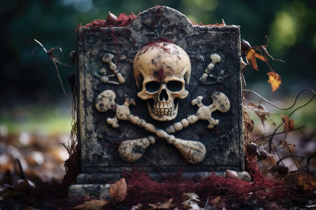 an old, weathered gravestone with a carved skull and crossbones, created with generative aiの素材