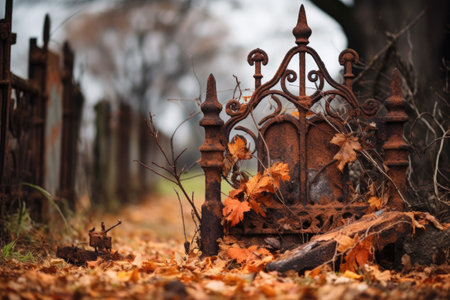 a weathered headstone with a rusted iron fence around it, created with generative aiの素材