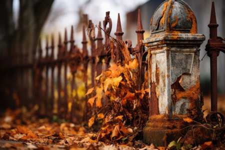 a weathered headstone with a rusted iron fence around it, created with generative aiの素材