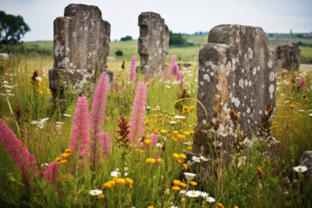 a cluster of weathered gravestones in a field of wildflowers, created with generative aiの素材