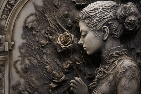 close-up of a gravestone with a detailed, but eroded, engraving, created with generative aiの素材