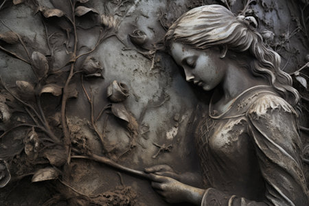 close-up of a gravestone with a detailed, but eroded, engraving, created with generative aiの素材