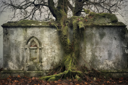 a weathered gravestone with a tree growing around it, created with generative aiの素材
