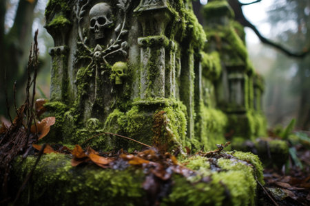 close-up of moss-covered gravestone with carved dates, created with generative aiの素材