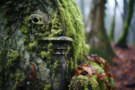 close-up of moss-covered gravestone with carved dates, created with generative aiの素材
