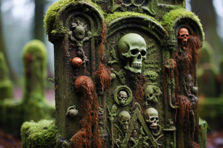 close-up of moss-covered gravestone with carved dates, created with generative aiの素材