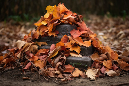 gravestone with a pile of fallen autumn leaves at its base, created with generative aiの素材