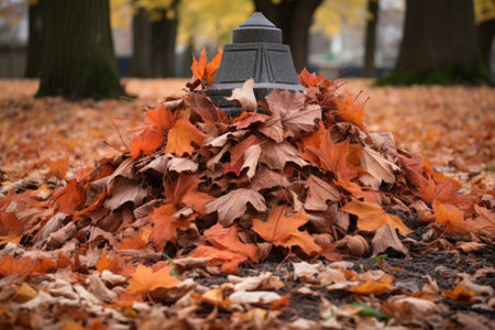 gravestone with a pile of fallen autumn leaves at its base, created with generative aiの素材