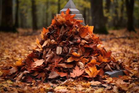 gravestone with a pile of fallen autumn leaves at its base, created with generative aiの素材