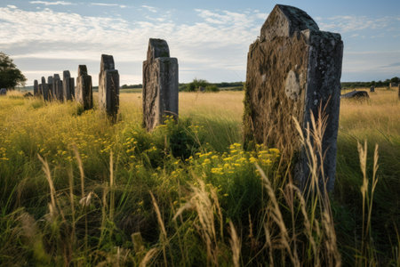 a row of ancient, weather-beaten gravestones in tall, wild grass, created with generative aiの素材