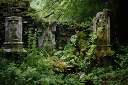 gravestones in an overgrown cemetery with a crumbling stone wall, created with generative aiの素材