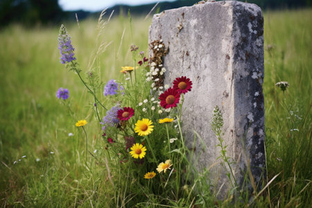 a single weathered gravestone in a field overgrown with wildflowers, created with generative aiの素材