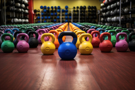 an array of colorful kettlebells arranged on a gym floor, created with generative aiの素材