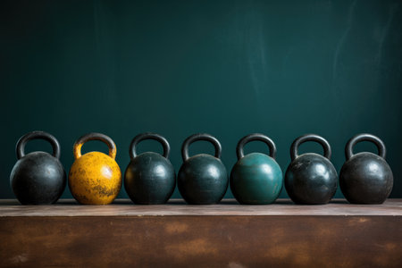 a set of kettlebells of different weights lined up in a row, created with generative aiの素材