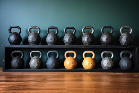 a set of kettlebells of different weights lined up in a row, created with generative aiの素材