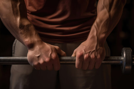 a close-up of hands gripping a barbell in a gym, created with generative aiの素材