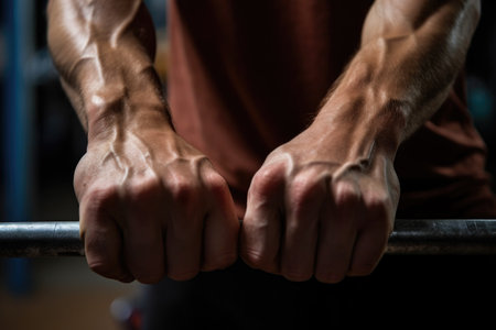 close-up of hands gripping a barbell in a gym setting, created with generative aiの素材