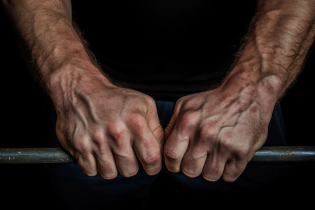 close-up of a weightlifters hands gripping a barbell, created with generative aiの素材