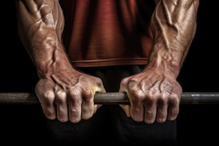 close-up of a weightlifters hands gripping a barbell, created with generative aiの素材