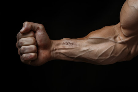 close-up of muscular arm lifting a dumbbell, created with generative aiの素材