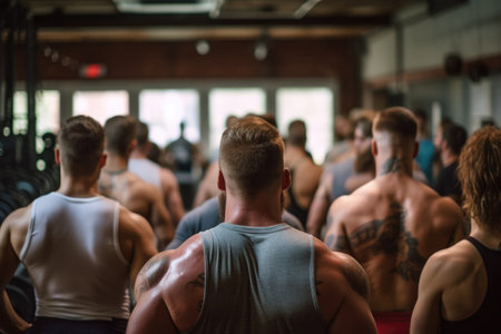 a group of people participating in a weightlifting class, shot from behind, created with generative aiの素材
