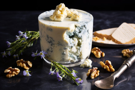 blue cheese ice cream with walnut garnish on a marble countertop, created with generative aiの素材
