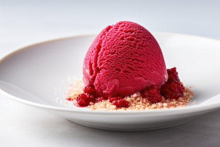 close-up of a scoop of red beet ice cream on a white plate, created with generative aiの素材